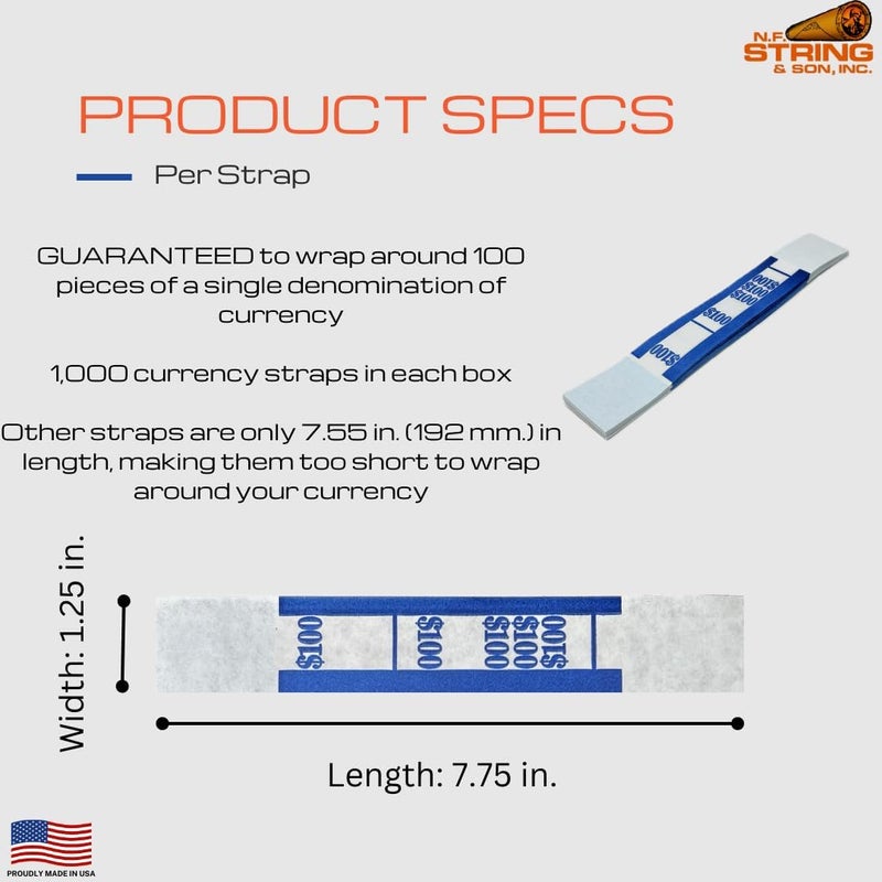 N. F. String & Son, Inc. Self-Sealing Currency Straps, Cash Handling Bill Wrappers 1000 PCS/Pack, 7.75 x 1.25 ($100/Blue - 1000 PCS) - Image 3